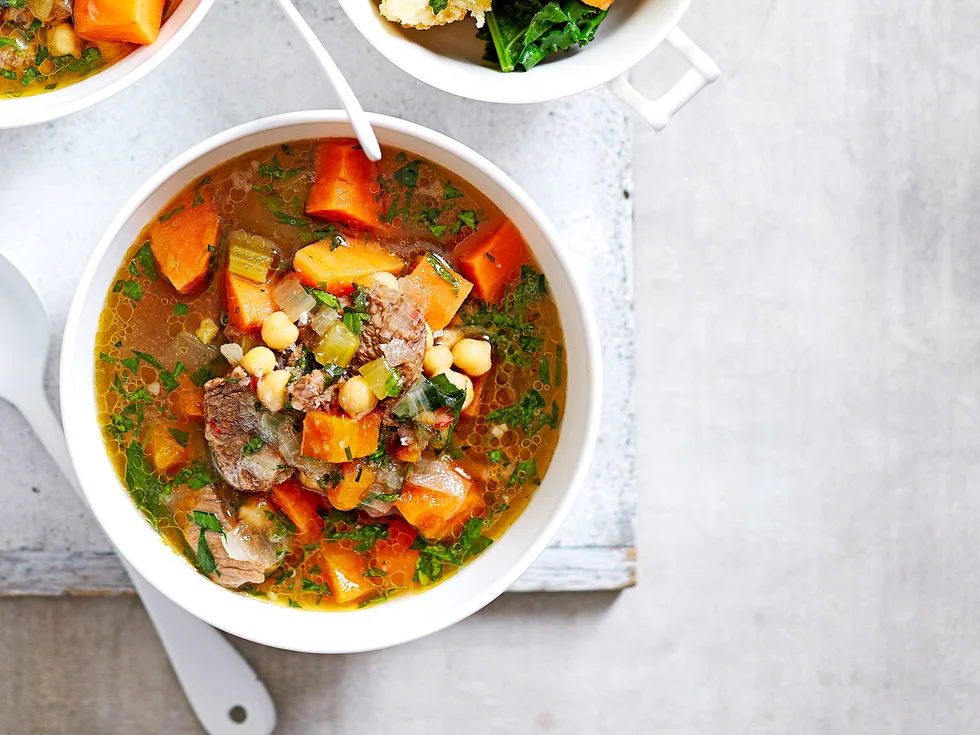 Spiced chickpeas, kumara and beef soup