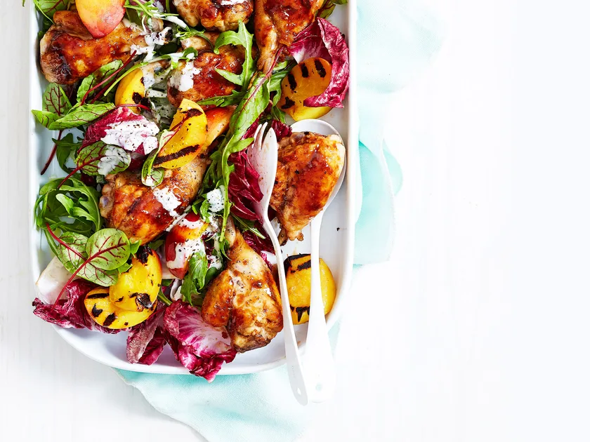 Balsamic-glazed chicken legs with blue cheese dressing