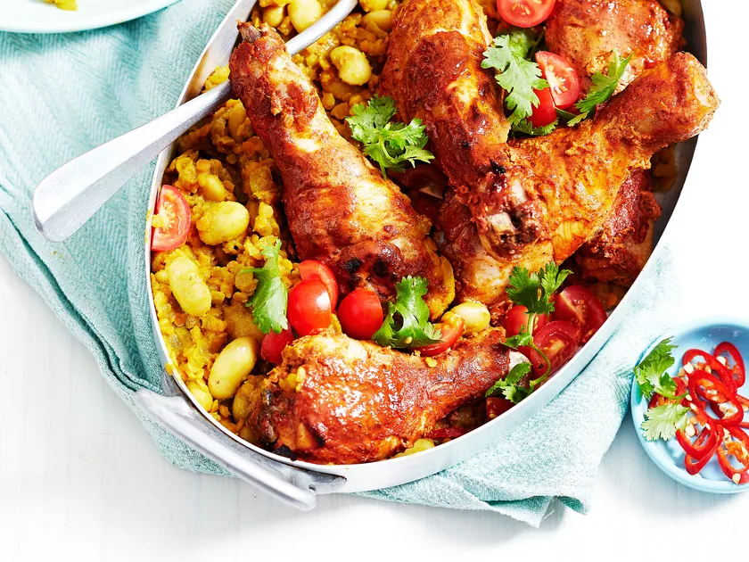Tandoori chicken drumsticks with easy dhal