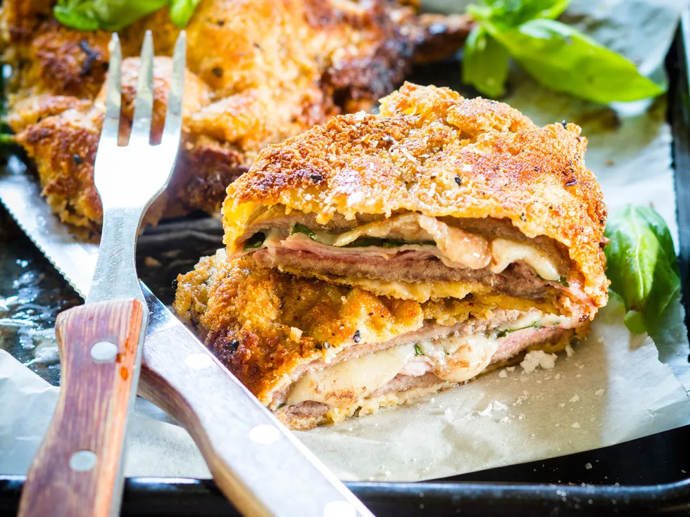 Easy beef schnitzel stuffed with ham and cheese