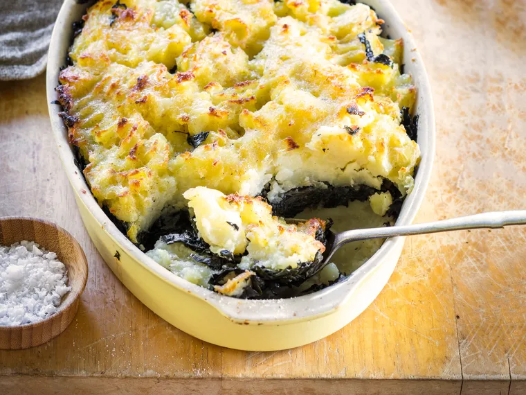 Easy vegetarian potato and silverbeet bake
