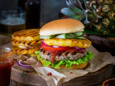 Sweet chilli beef burgers with Hoisin ketchup and chilli grilled pineapple