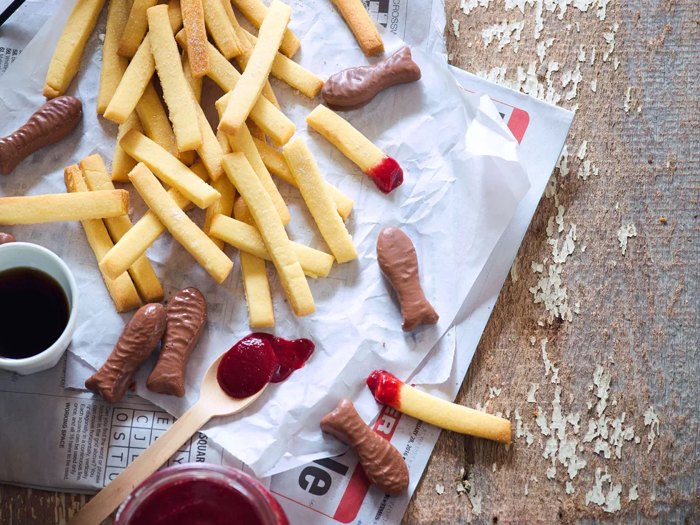 Chocolate fish and shrewsbury chips with strawberry sauce