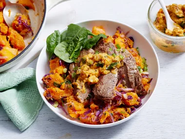Pumpkin bubble ’n’ squeak with steak