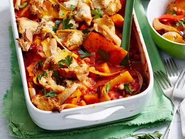 Pumpkin, chickpea and chorizo bake