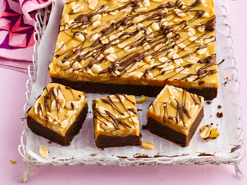Peanut caramel-topped dark chocolate brownie
