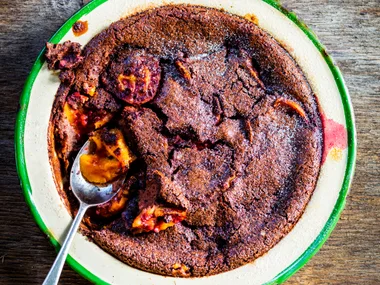 Chocolate and tamarillo clafoutis