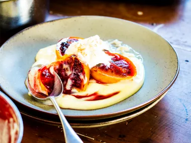 Cinnamon-roasted tamarillos and vanilla custards