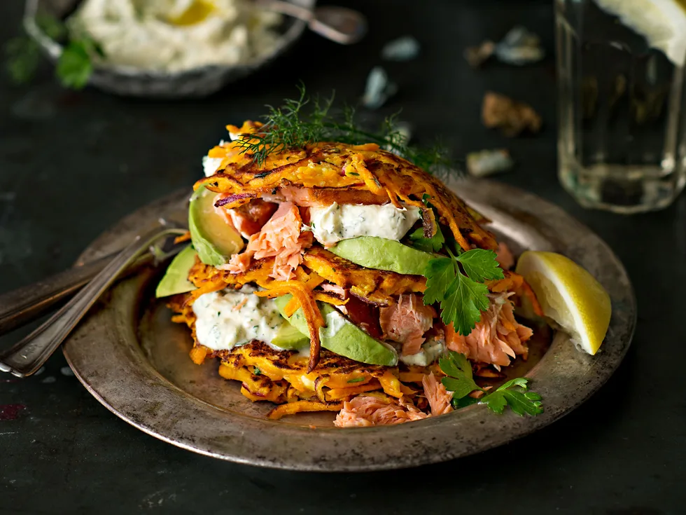 Kumara fritters with hot-smoked salmon, avocado and herby crème fraîche