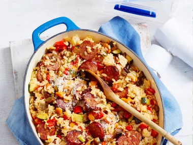 Roasted vegetable and chorizo risotto