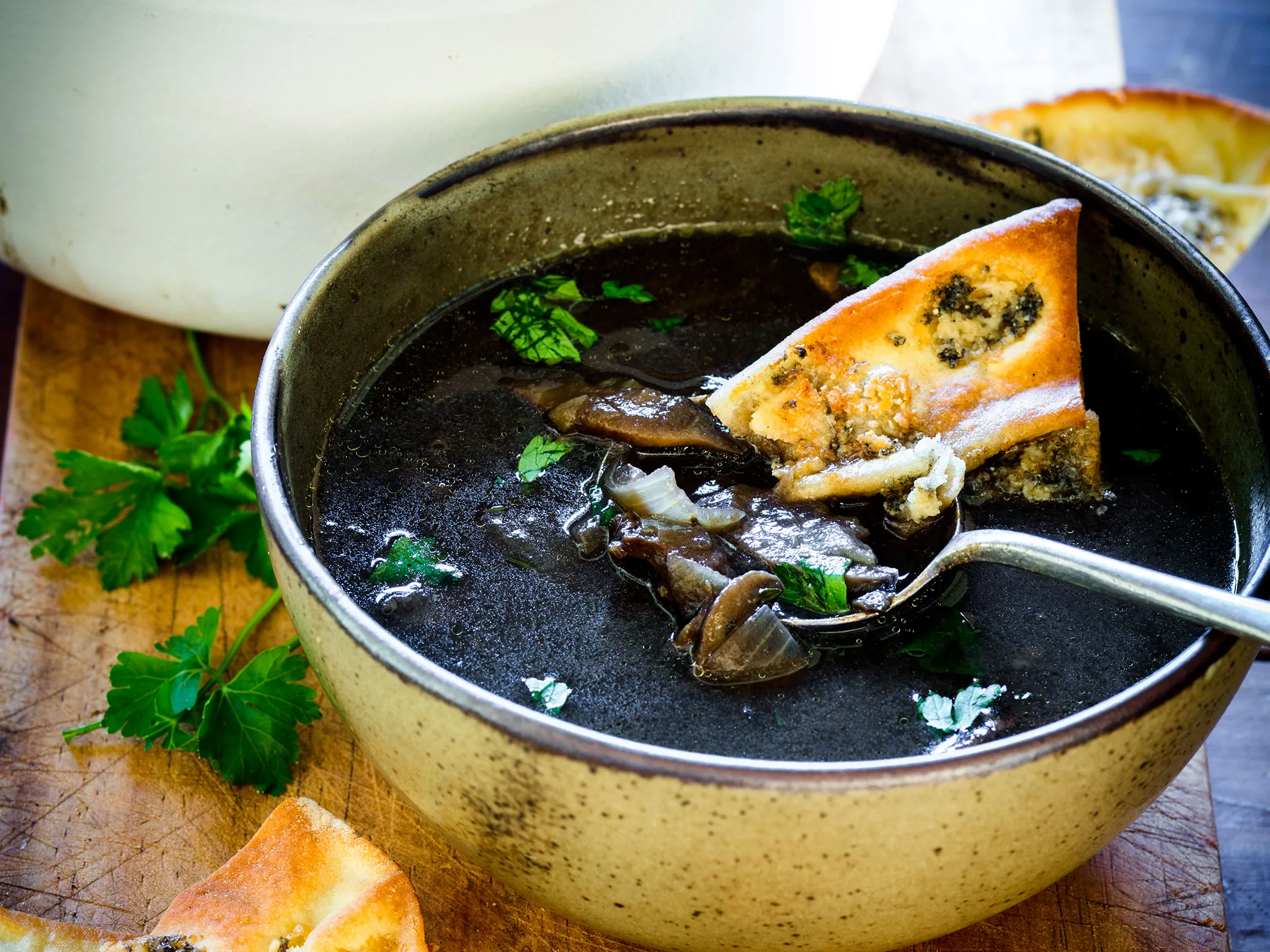 Mushroom soup with blue cheese toasts