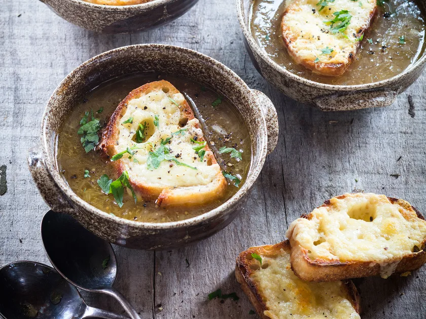 Mum's French onion soup with cheesy baguette toasts