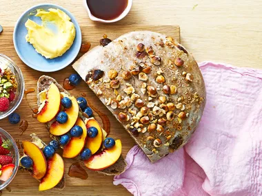 Overnight fruit bread with maple butter