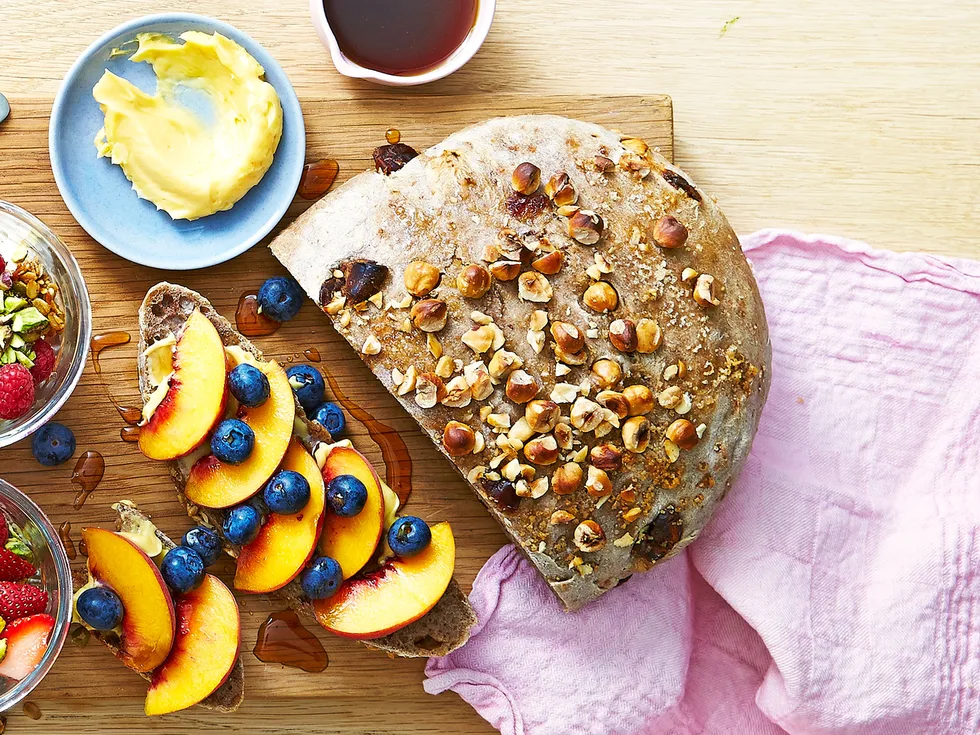 Overnight fruit bread with maple butter