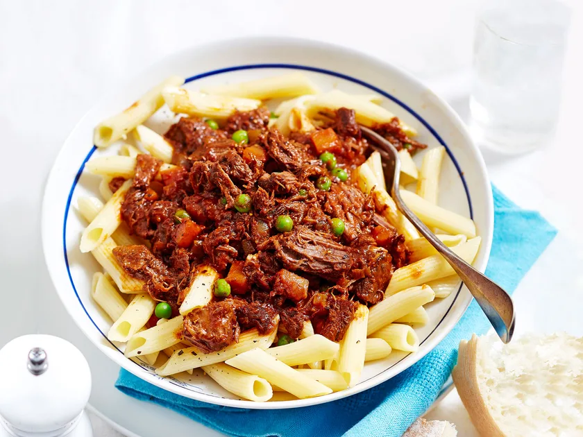 Italian-style braised beef ragu with penne pasta