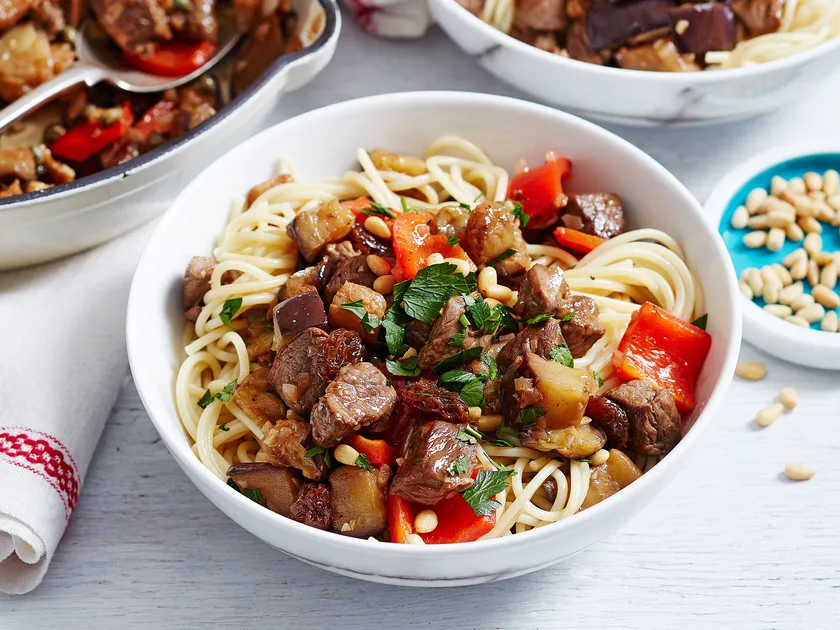 Lamb agridolce (Italian sweet and sour lamb) with pasta