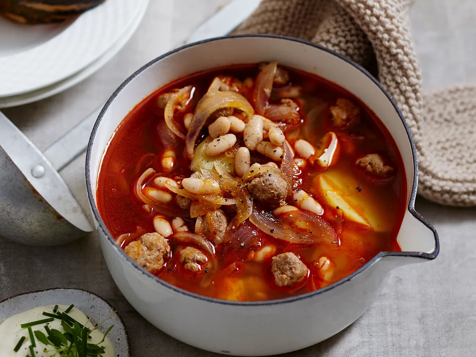 Smoked pork sausage, potato and roasted pumpkin soup