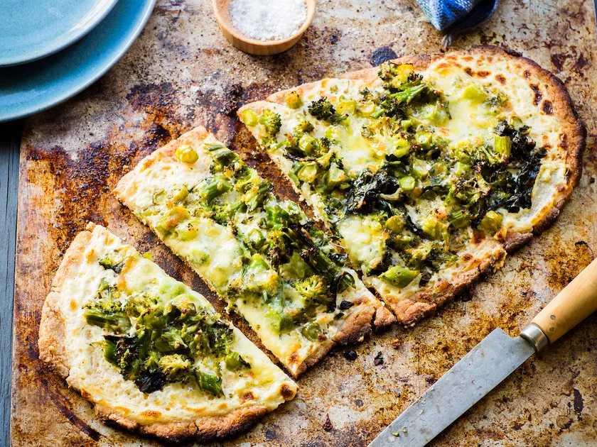 Broccoli and three-cheese gluten-free pizza