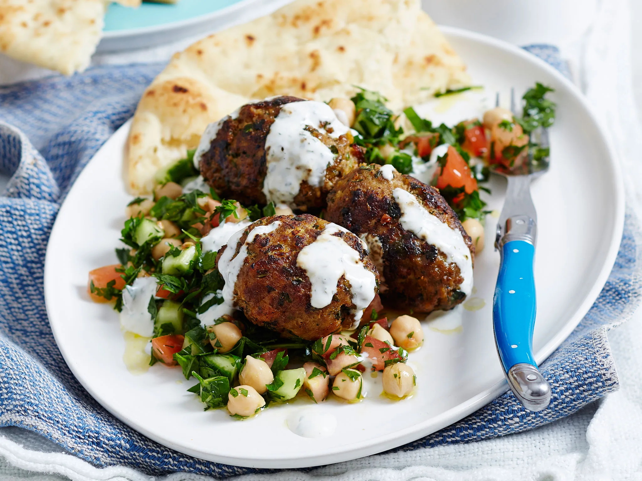 Lamb kofta rissoles with chickpeas tabbouleh
