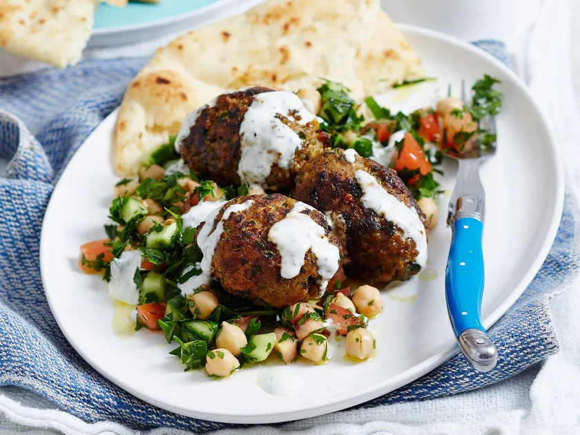 Lamb mince kofta rissoles with chickpea tabbouleh salad
