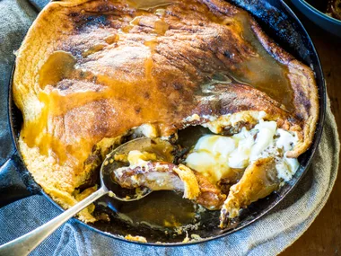 Pear and ginger pan soufflé with butterscotch sauce