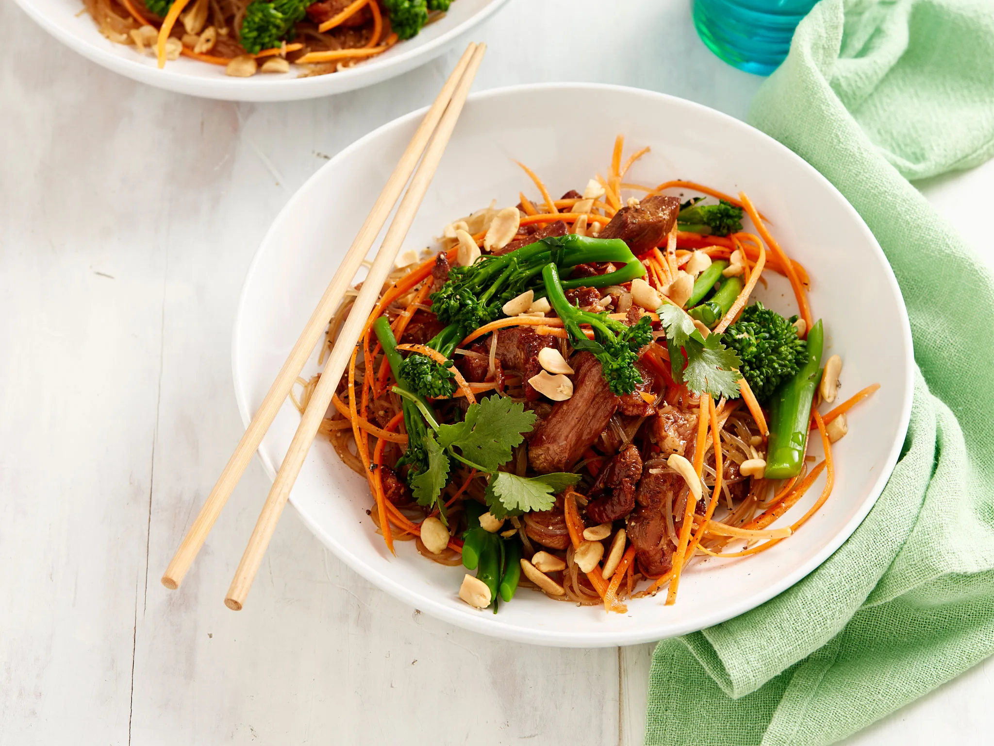 Broccolini with char siu pork and vermicelli noodles