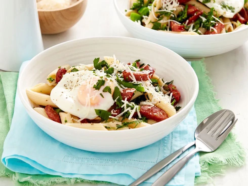 Broccolini, chorizo  and poached egg pasta