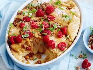 Gluten-free pear, walnut and maple pudding