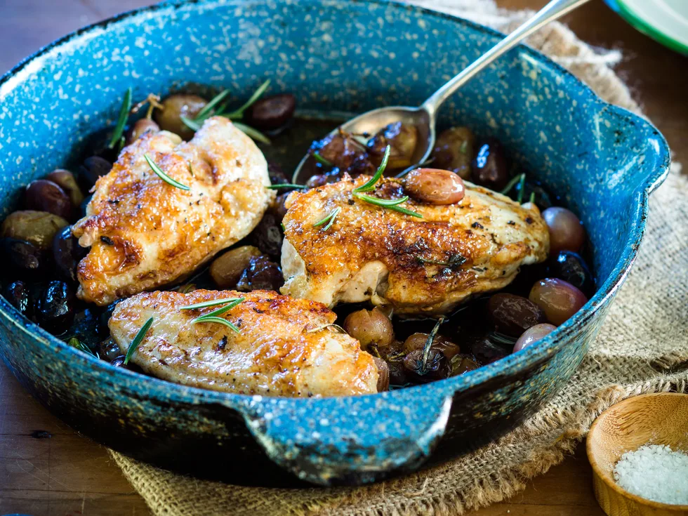 Baked chicken with roasted grapes and rosemary