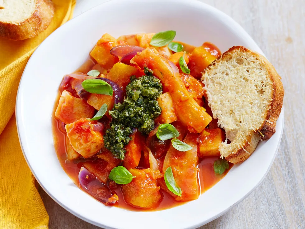 Winter veg casserole with chunky pesto