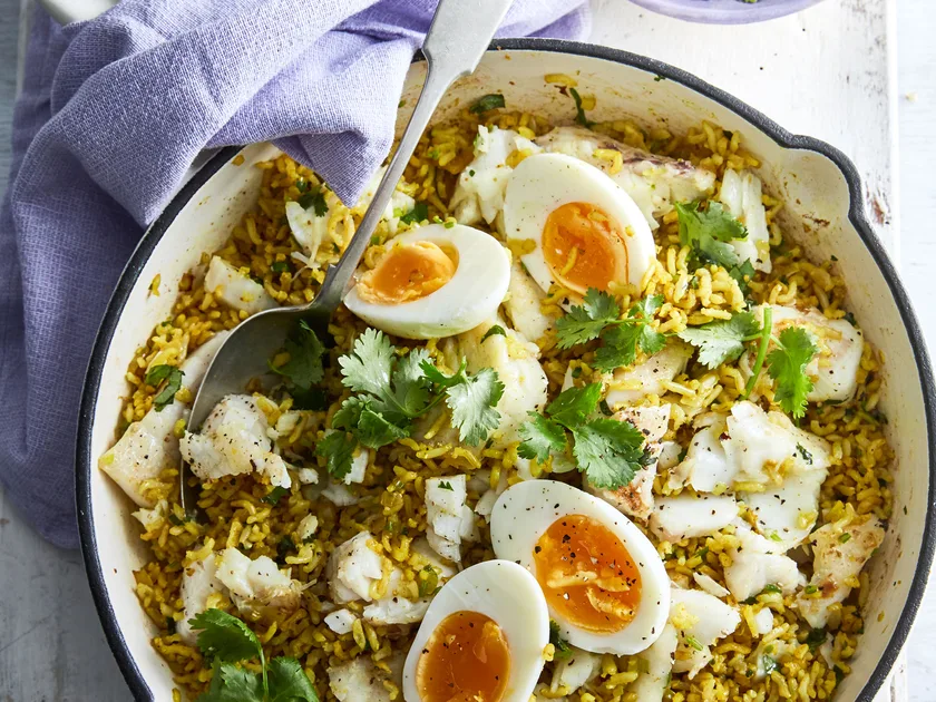 Spiced fish kedgeree with brown rice and boiled eggs