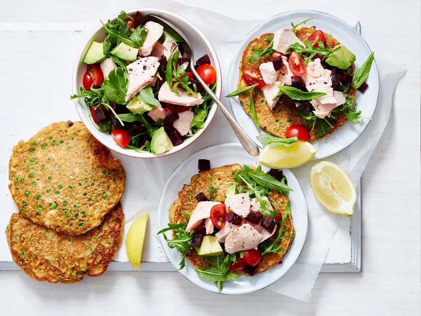 Pizza pancakes with lemony salmon topping