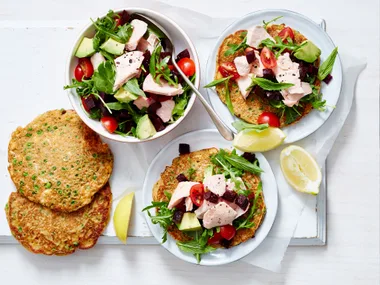 Salmon pancake pizzas