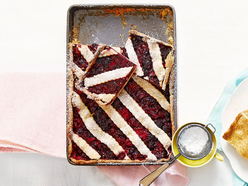 Mixed berry and pear pie with rosewater