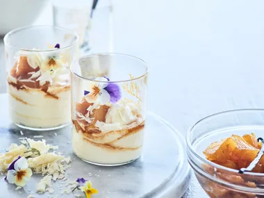 White chocolate mousse with pineapple and rum syrup