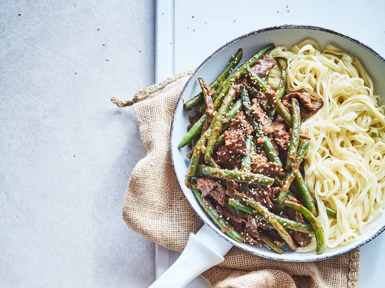 Sesame peanut beef and bean stir-fry