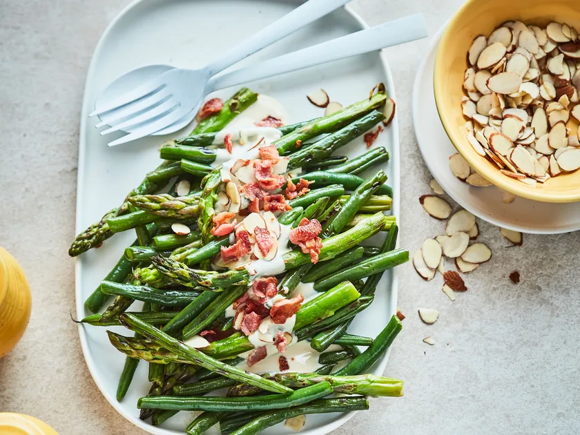 Green beans and asparagus with tahini lemon drizzle
