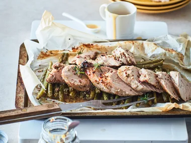Honey mustard pan roasted pork and green beans