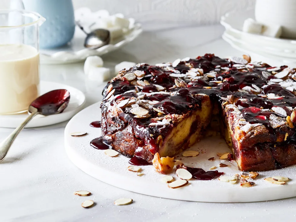 Black Doris plum and almond croissant pudding cake