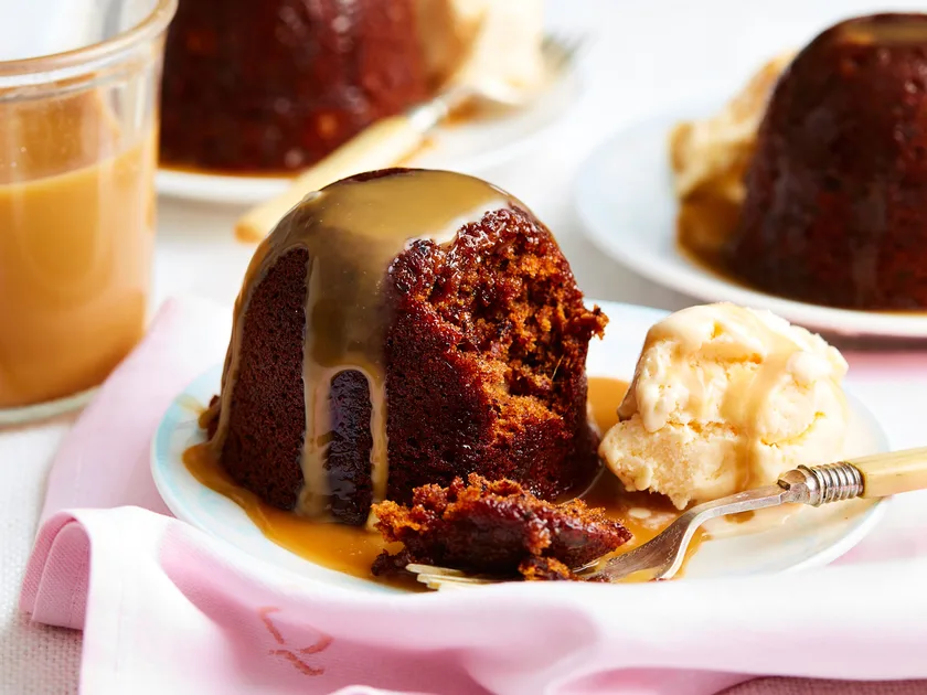 Caramel and walnut date puddings with butterscotch sauce