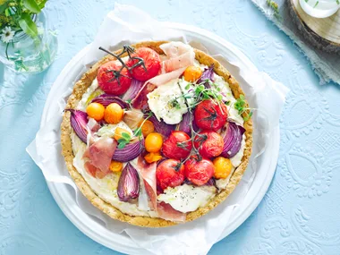 Blistered tomato tart with white bean purée and burrata