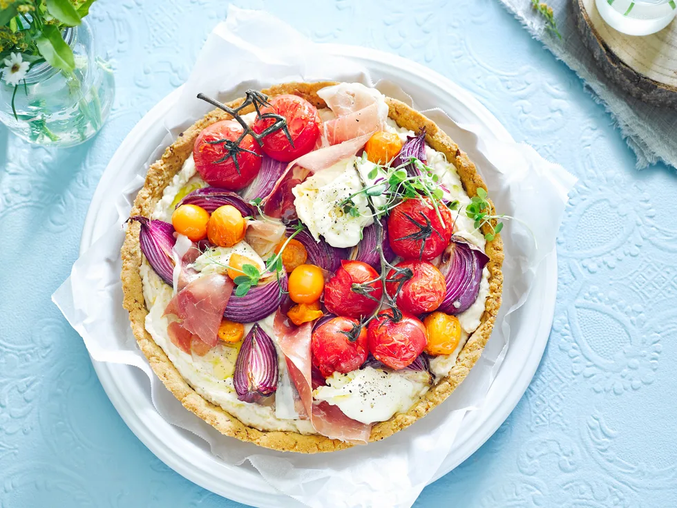 Blistered tomato tart with white bean purée and burrata