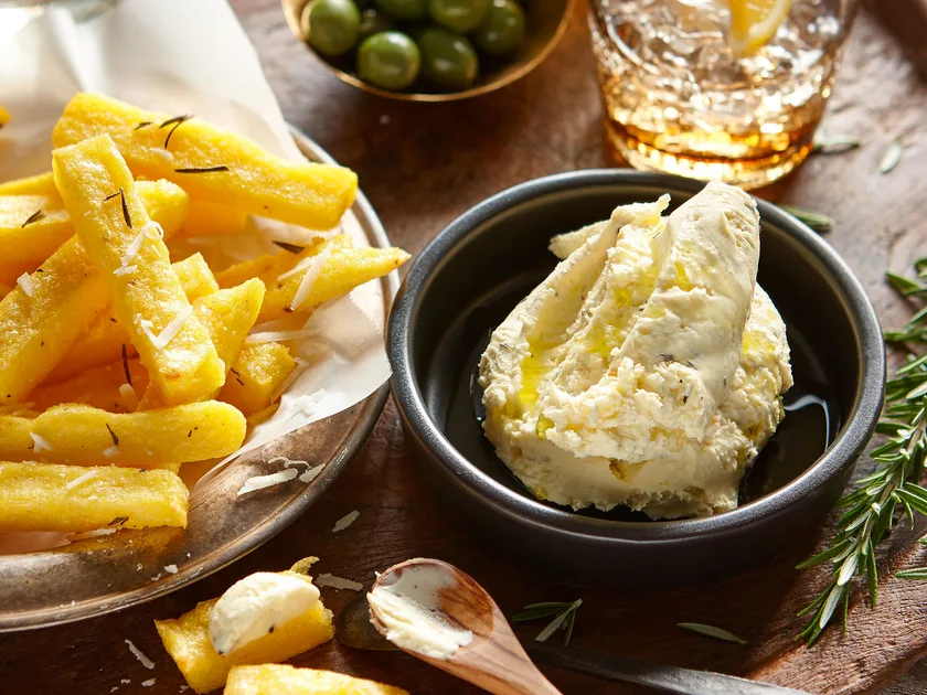 Polenta chips with rosemary, feta and garlic dip