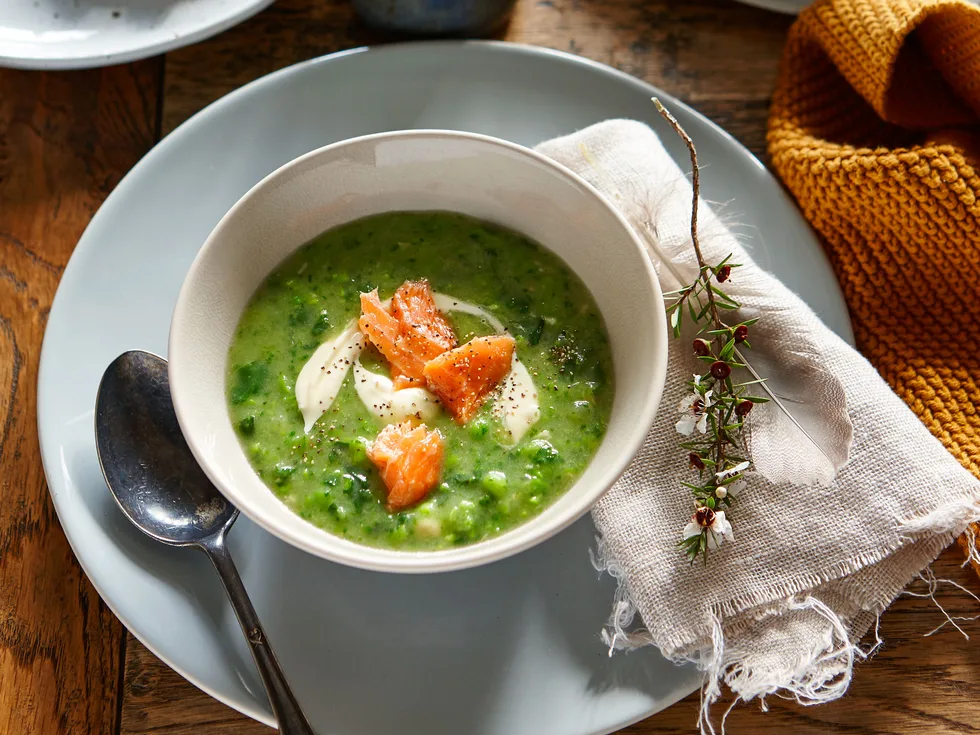 Green pea soup with wood-smoked salmon