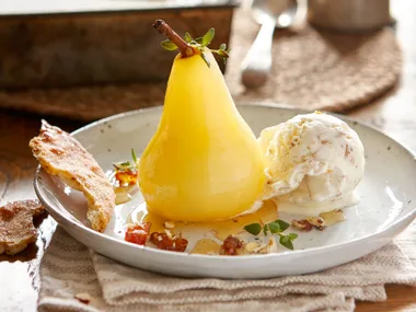 Toasted bread and honey nut ice cream with poached pears