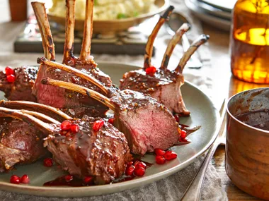 Lamb rack with pomegranate glaze and minted parsnip mash