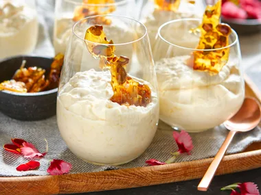 Pear and coconut yoghurt mousse with nut toffee