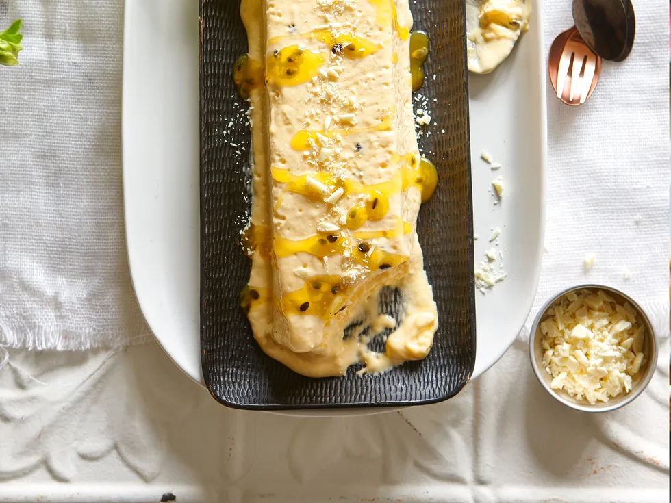 Passionfruit and white chocolate ice cream terrine