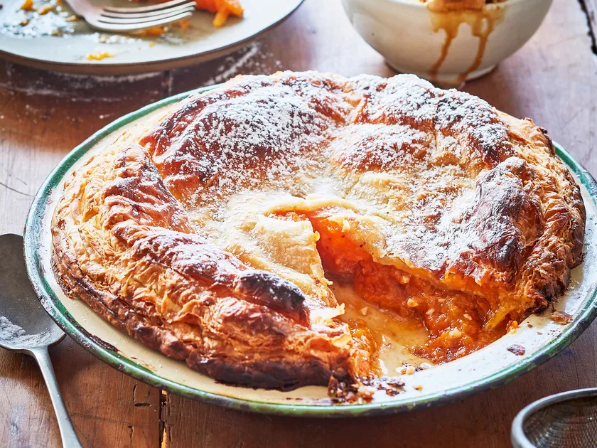 Apricot pie with ginger wine syrup
