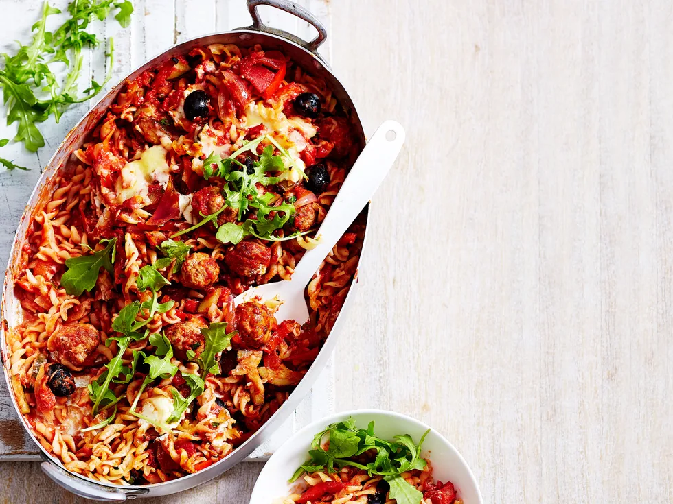 Pork and fennel meatball pasta bake